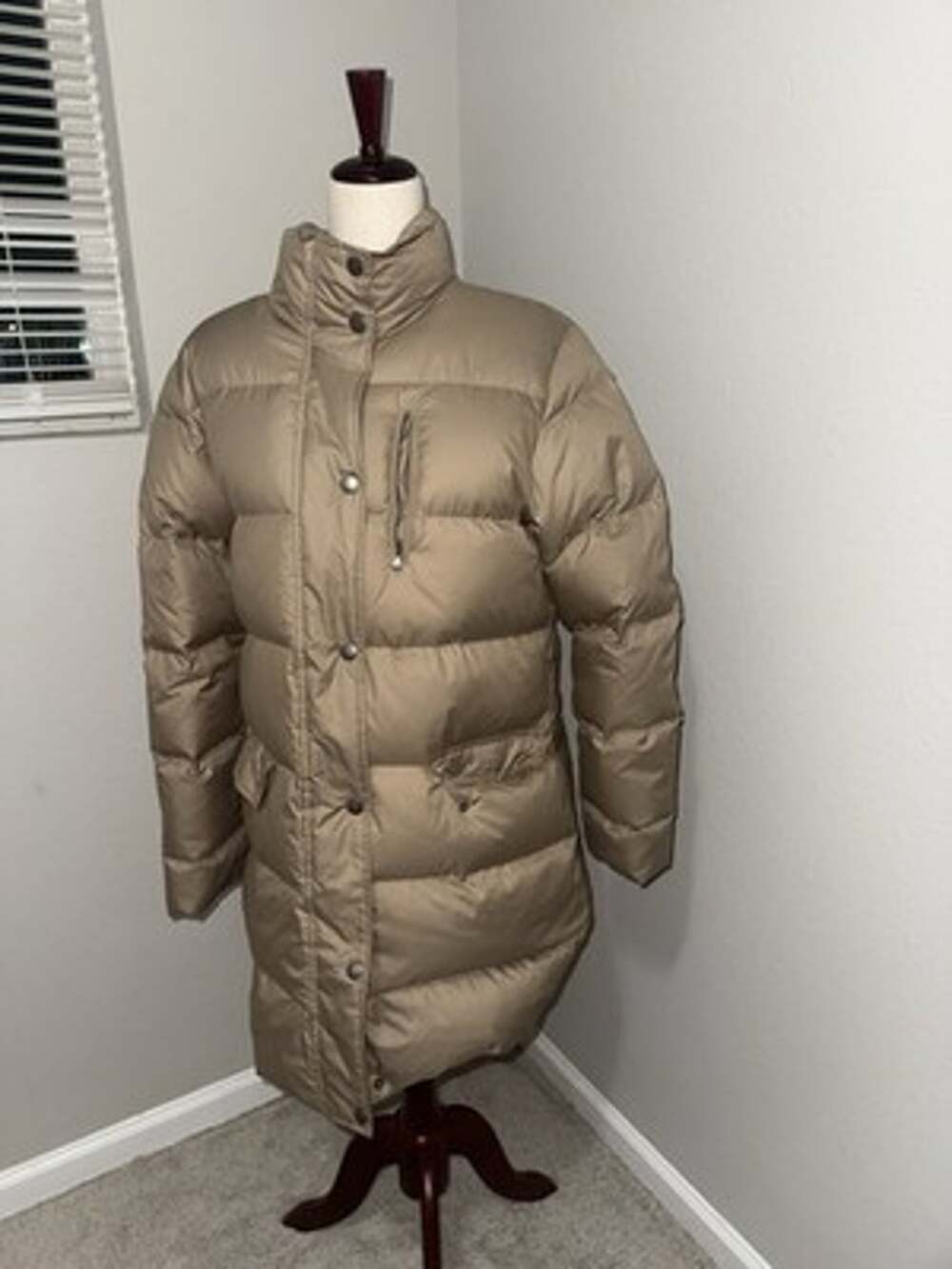 Lauren Ralph Lauren Womens Down Puffer Jacket Tan Beige Mid Length LG Preppy